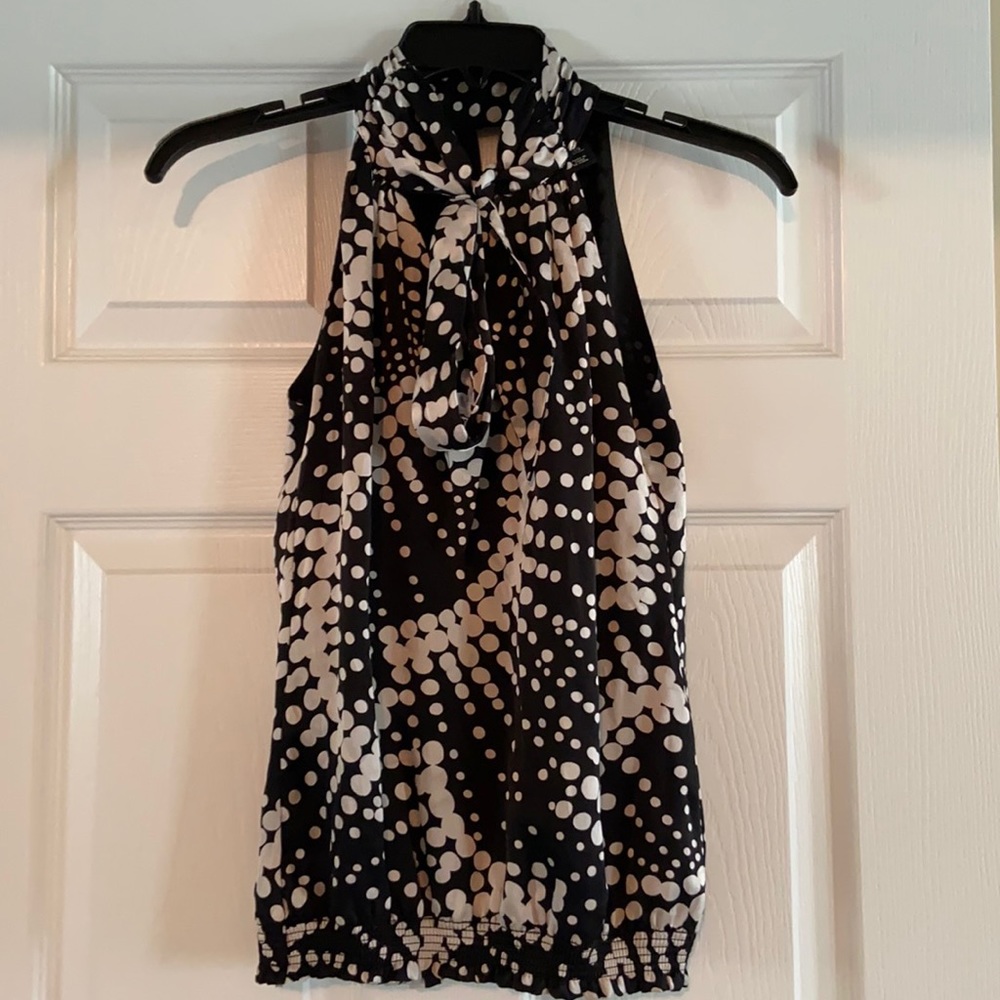 Silky Black and White Halter Tie-Neck Blouse